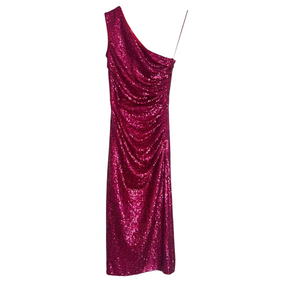 Dress The Population Martine Ruched Sequin Dress One-shoulder Fuchsia Size XXS - Picture 2 of 7